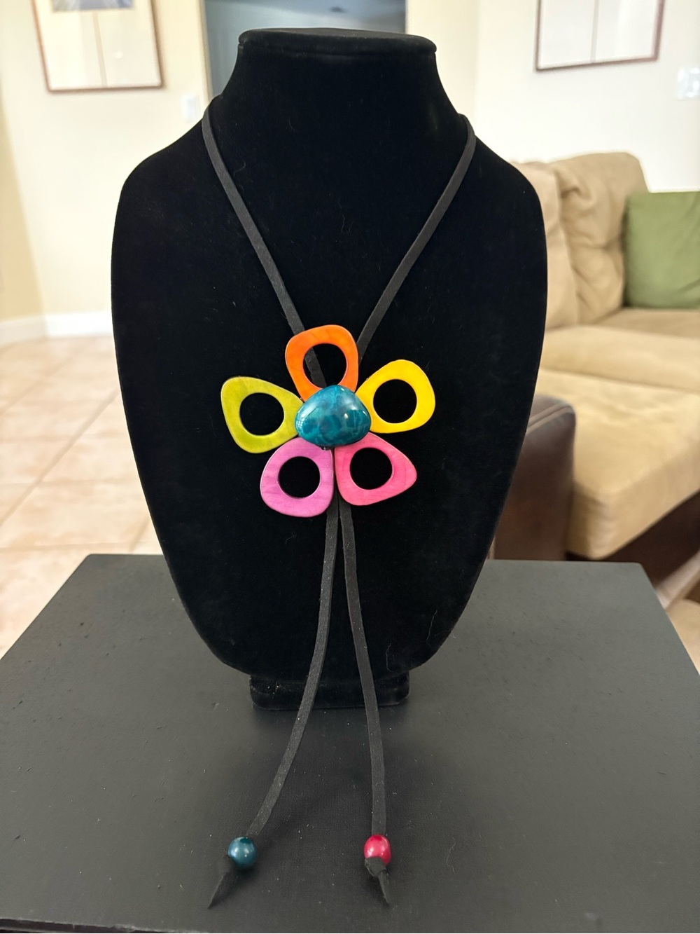 Colorful Tagua Nut Flower Bolo Adjustible Leather Necklace Unique